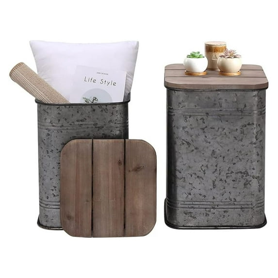 Farmhouse Side Table Set of 2, Rustic Storage Ottoman Stool, Galvanized Metal End Table with Lid, Nesting Square Accent Tables for Living Room & Bedroom