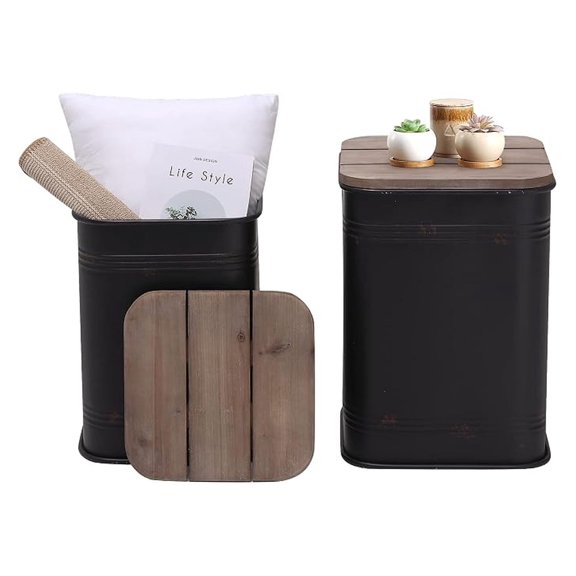 Farmhouse Side Table Set, Rustic Storage Ottoman, Galvanized Metal End Tables with Wood Lids, Nesting Stools (Square & Black)