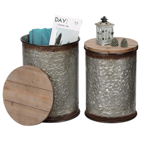 Farmhouse Side Table Set of 2, Rustic Storage Ottoman, Galvanized Metal End Tables with Wood Lid, Living Room Coffee Table, Nesting Accent Tables