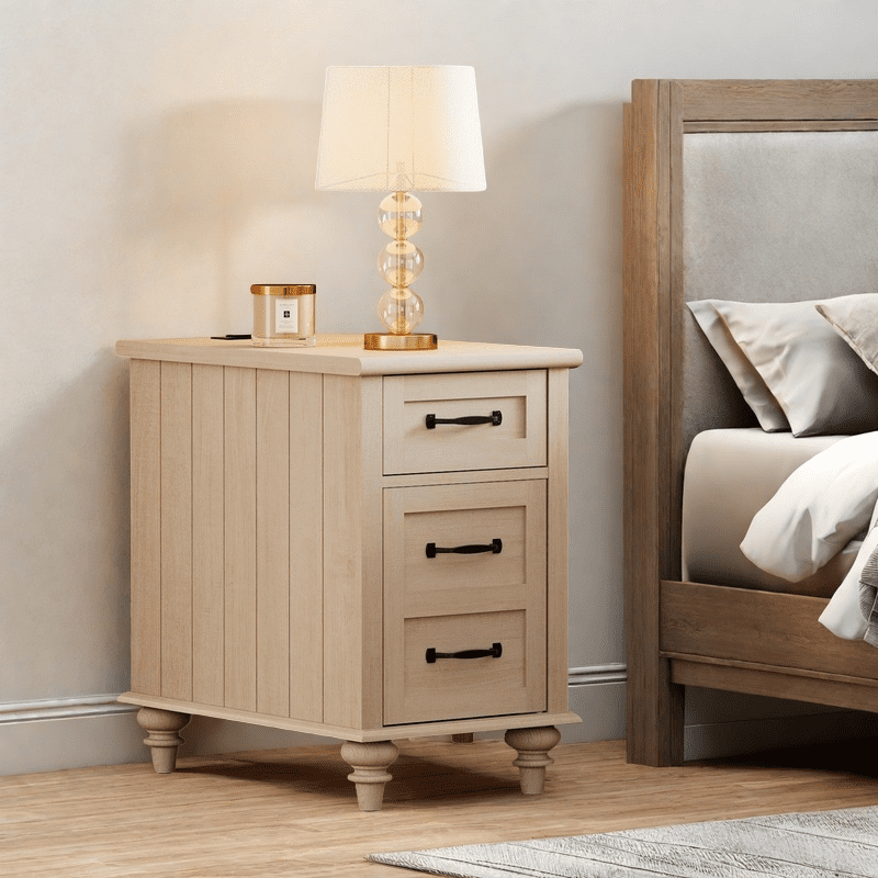 Farmhouse Side Table with Power Outlets & USB Ports & Drawer for Living Room, Bedroom