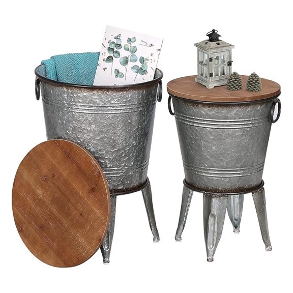 Farmhouse Side Tables Set of 2, Galvanized Metal Bucket End Table for Living Room, Rustic Cocktail Table with Storage for Blankets & , 2 Independent Pieces for Small Space