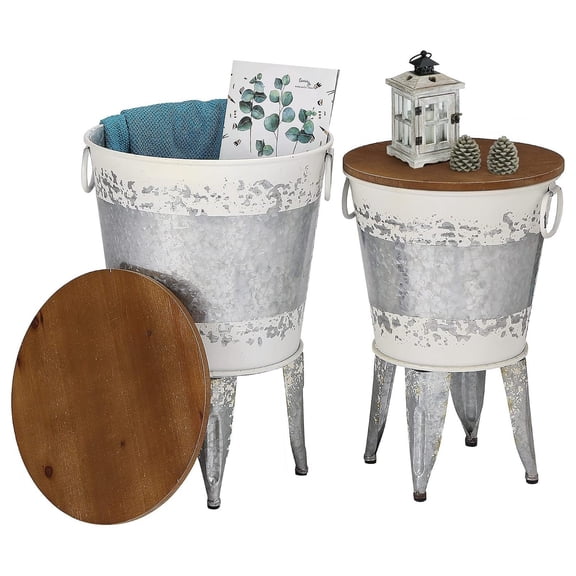 Farmhouse Side Tables Set of 2, Galvanized Metal Bucket End Table