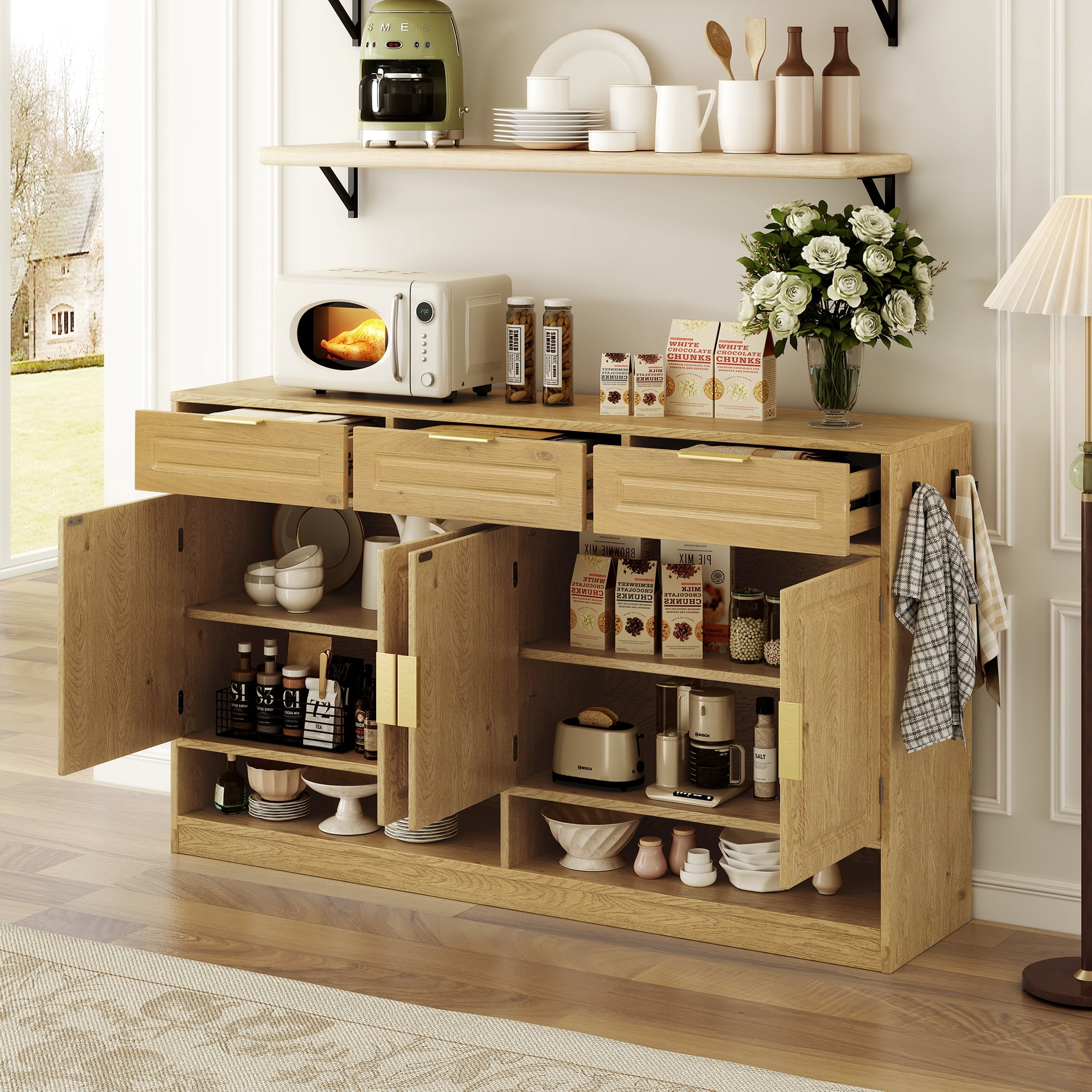 Farmhouse Sideboard with 3 Drawers & 4 Doors, 59.1" Storage Buffet with Adjustable Shelf and Open Storage Compartments, Suitable for Dining Room, Living Room, Entryway