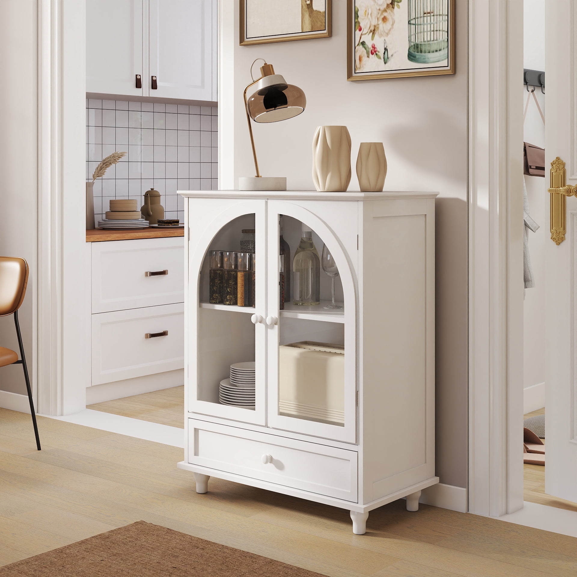 Farmhouse Sideboard with Arched Tempered Glass Doors, Tiered Top Storage Cabinet with Adjustable Shelf & 1 Drawer for Kitchen Coffee Bar Living Room Entryway