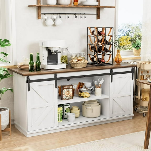 Farmhouse Sideboard Buffet Cabinet, Coffee Bar Storage with Sliding Barn Doors, Shelf for Home Dining Room
