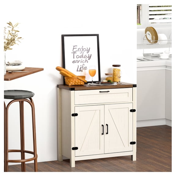 Farmhouse Sideboard Buffet Cabinet - Distressed White Kitchen Storage - 2 Barn Doors, Drawer, Adjustable Shelf - Dining Room, Living Room