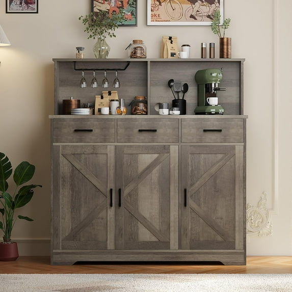 Farmhouse Sideboard Buffet Cabinet with Microwave Stand, Barn Doors Buffet Storage Cabinet with Drawers and Shelves, Wood Coffee Bar Pantry for Kitchen, Dining Room, Living Room