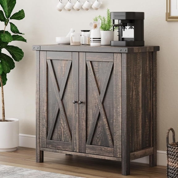 Farmhouse Sideboard Buffet Cabinet, Rustic Modern Storage with Adjustable Shelves, 2 Barn Doors, Multi-Functional Coffee Bar, Kitchen Organizer for Living Room, Dining Room, Entryway