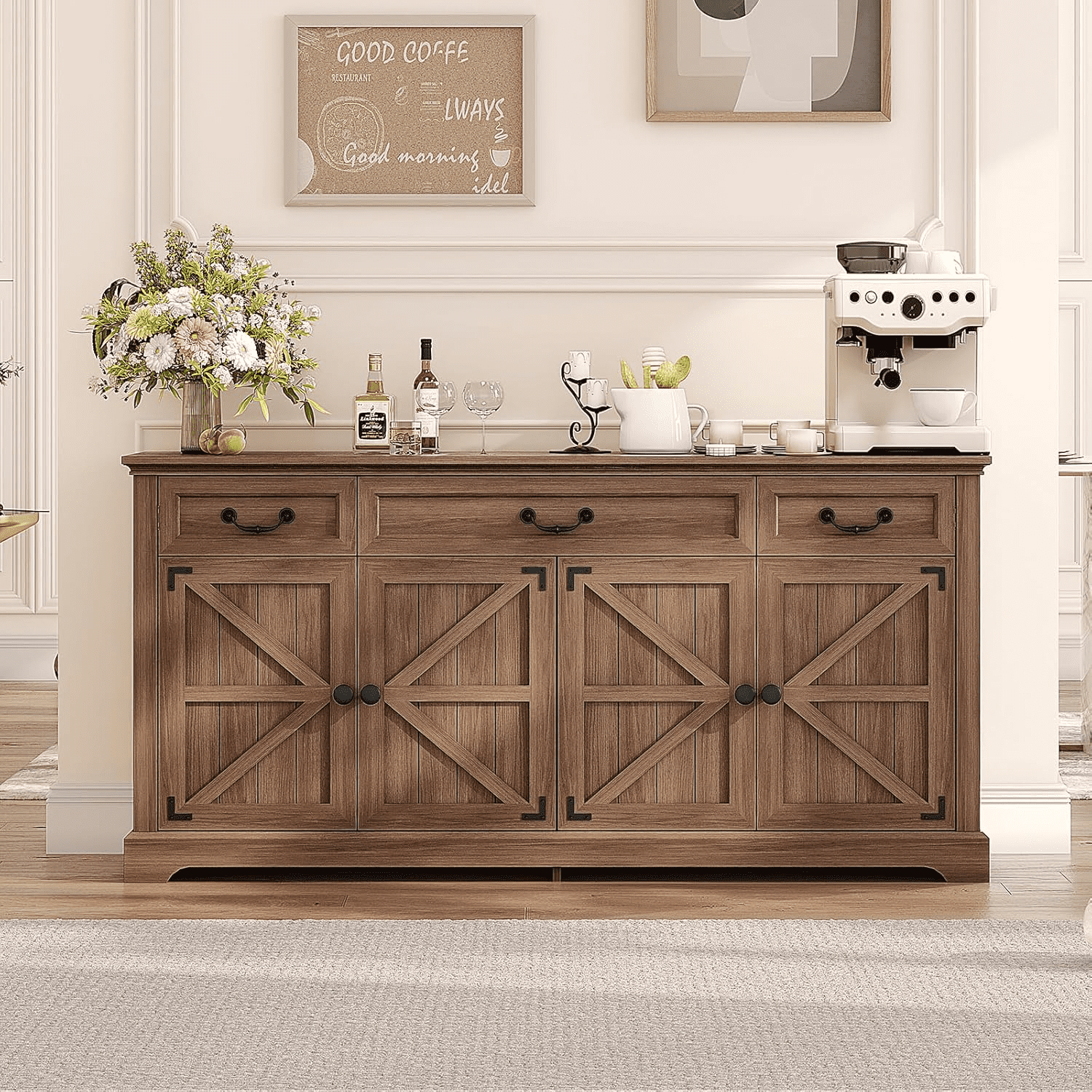 Farmhouse Sideboard Buffet Cabinet with Storage, 64.6'' Large Kitchen Storage Cabinet with Barn Doors Drawers, Wood Coffee Bar Table for Dining Room Living Room,  Brown