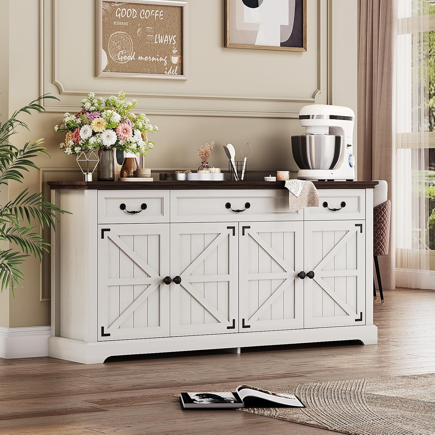 Farmhouse Sideboard Buffet Cabinet with Storage, 64.6'' Large Kitchen Storage Cabinet with Barn Doors Drawers, Wood Coffee Bar Table for Dining Room Living Room, White & Brown