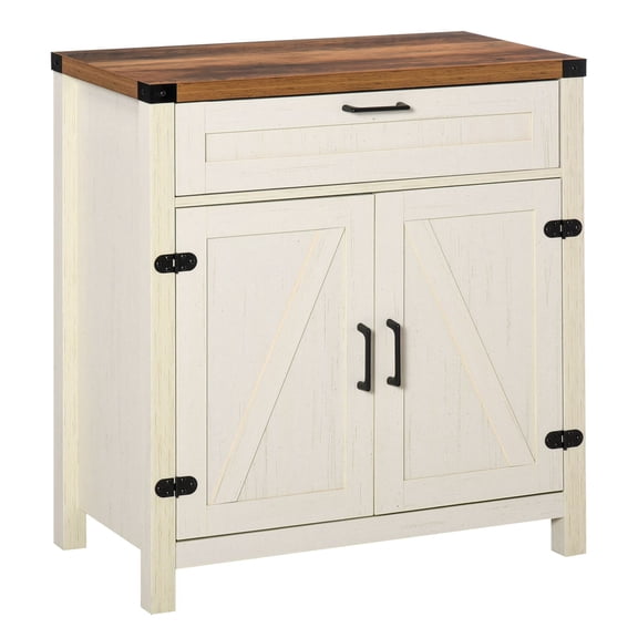 Farmhouse Sideboard Buffet Cabinet - Distressed White Kitchen Storage with Barn Doors & Drawer