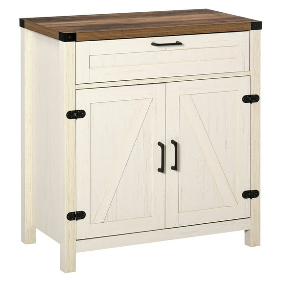 Farmhouse Sideboard Buffet Cabinet, White Rustic Kitchen Cabinet with Barn Doors, Living Room Accent Storage, 30 Inch
