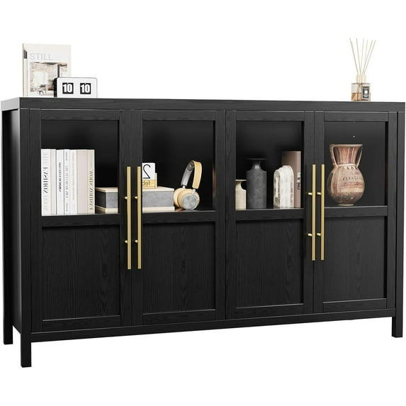 Farmhouse Sideboard Buffet Cabinet with 4 Glass Doors - 55” Modern Storage Cabinet for Dining Room, Kitchen, Living Room - White & Natural Wood