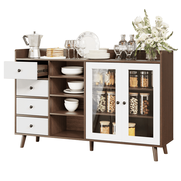 Farmhouse Sideboard Buffet Cabinet with Open Racks & 4 Drawers – Glass Doors, Adjustable Shelf, Coffee Bar for Dining Room, Kitchen, Walnut