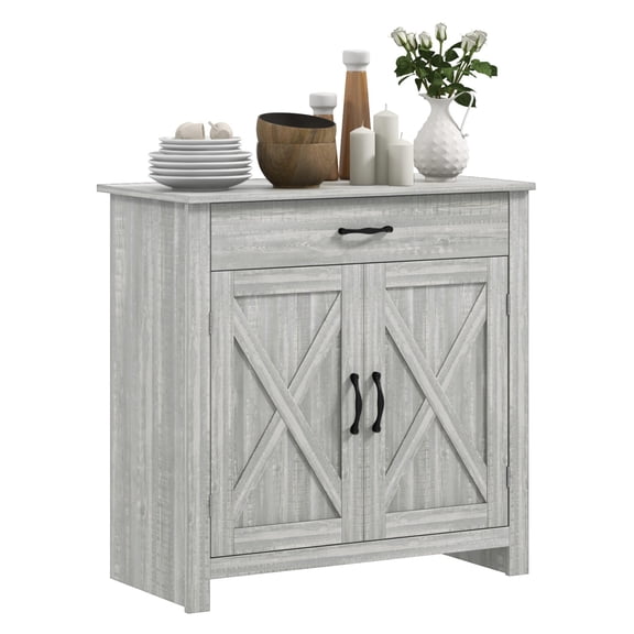 Farmhouse Sideboard Cabinet - Kitchen Buffet with Barn Doors, Drawer & Adjustable Shelf - Stone Gray