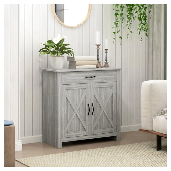 Farmhouse Sideboard Cabinet - Stone Gray Kitchen Buffet with Barn Doors, Drawer & Adjustable Shelf