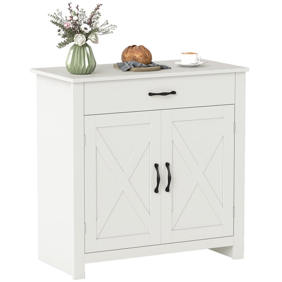 Farmhouse Sideboard Cabinet with Barn Doors Kitchen Buffet Cabinet with Drawer and Adjustable Shelf Stone White Wash