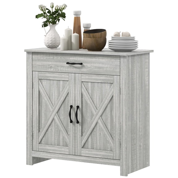 Farmhouse Sideboard Cabinet with Barn Doors Kitchen Buffet Storage Drawer Adjustable Shelf Stone Gray