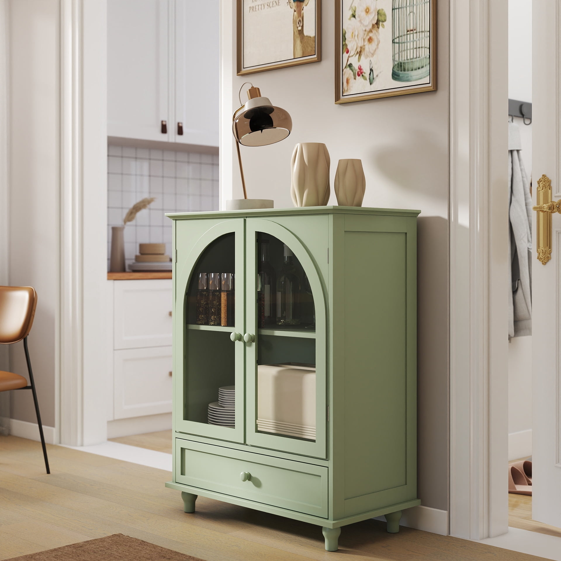 Farmhouse Sideboard with Double Arched Tempered Glass Doors, Tiered Top Storage Cabinet with Adjustable Shelf & 1 Drawer for Kitchen Coffee Bar Living Room Entryway