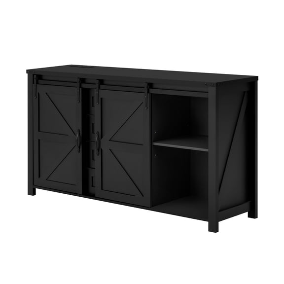Farmhouse Sideboard with Power Outlet, 55.1" Storage Cabinet with Sliding Barn Doors & 4 Drawers, Buffet Table with Adjustable Shelves for Dining Room, Kitchen, Black