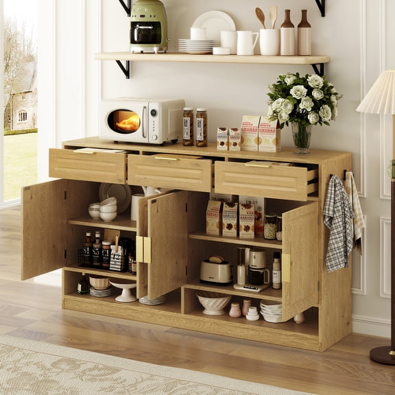 Farmhouse Sideboard with 3 Drawers & 4 Doors, 59.1" Storage Buffet with Adjustable Shelf, Open Compartments, for Dining Room, Living Room, Natural