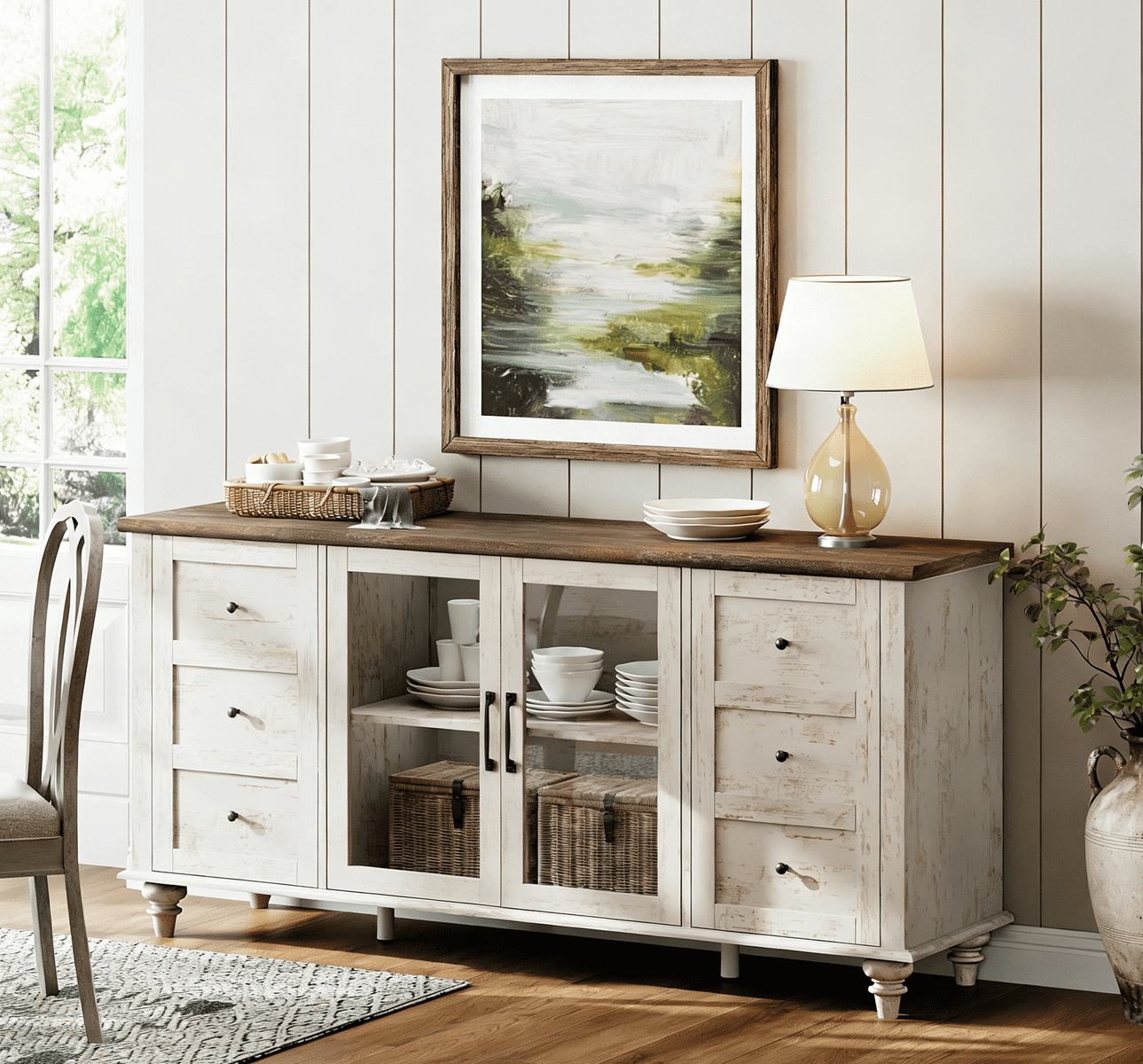 Farmhouse Sideboard with Adjustable Shelf, Glass Door Buffet Cabinet for Kitchen, Antique white
