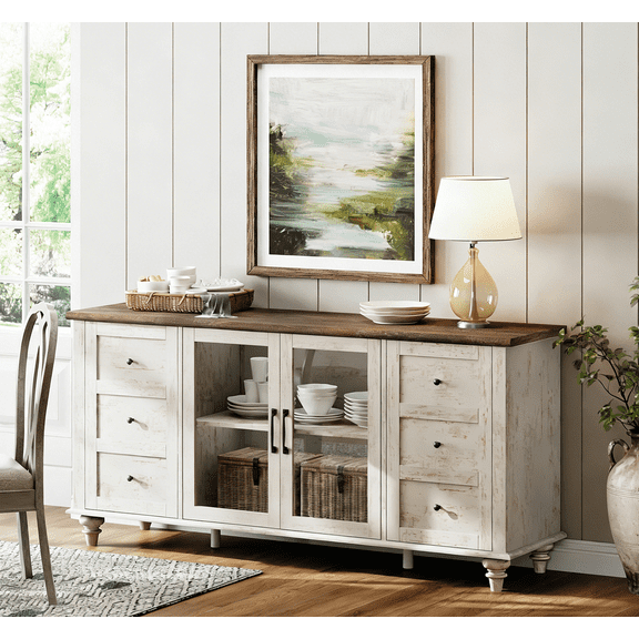 Farmhouse Sideboard with Adjustable Shelf, Glass Door Buffet Cabinet for Kitchen, Antique white