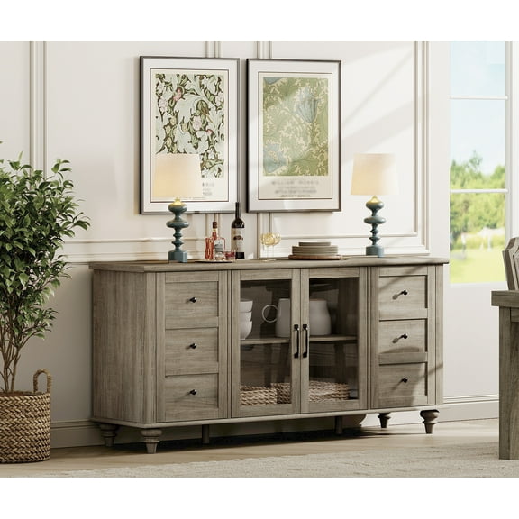 Farmhouse Sideboard with Adjustable Shelf, Glass Door Buffet Cabinet for Kitchen, Gray
