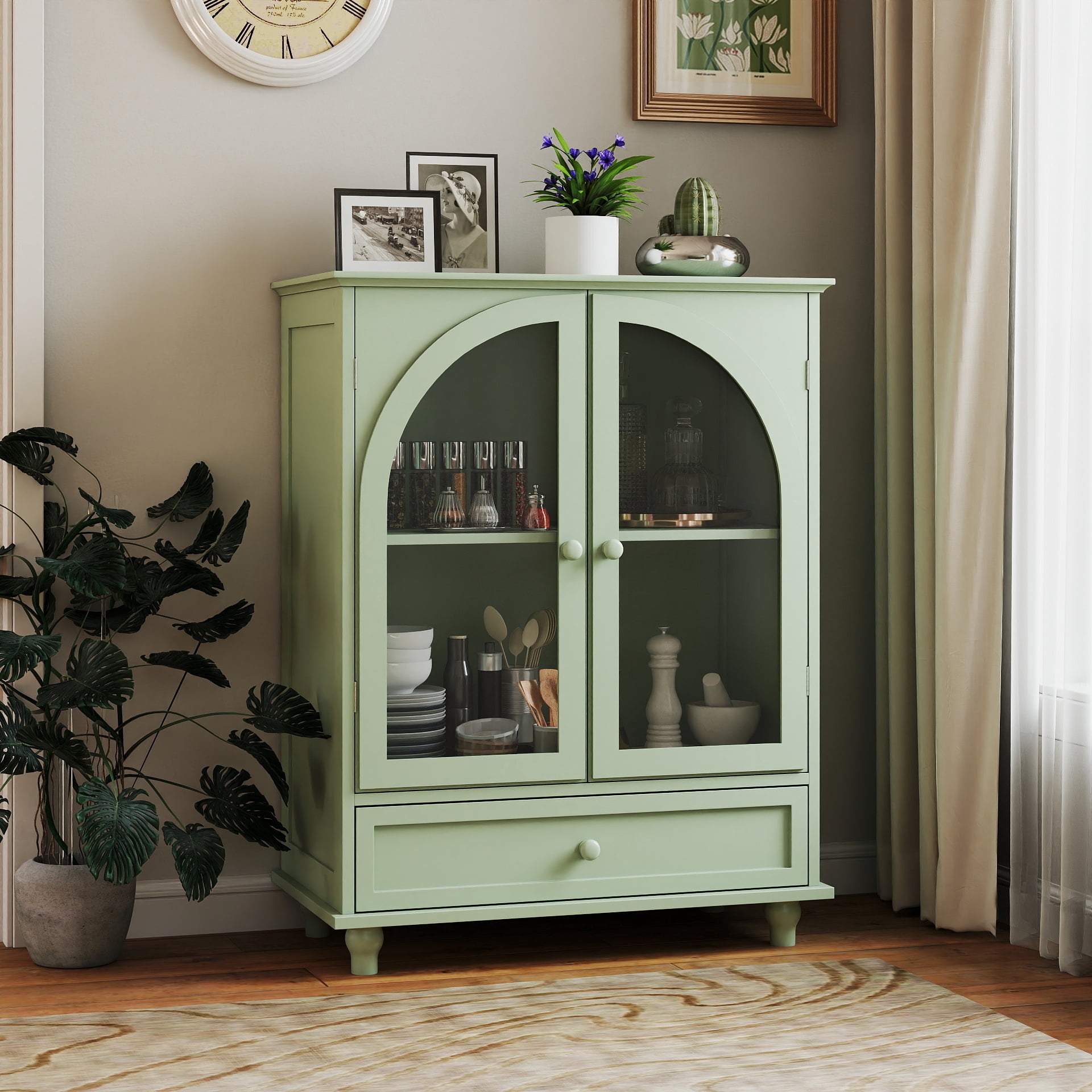 Farmhouse Sideboard with Double Arched Glass Doors, Green Storage Cabinet with Tiered Top & 1 Drawer for Kitchen, Living Room, Coffee Bar