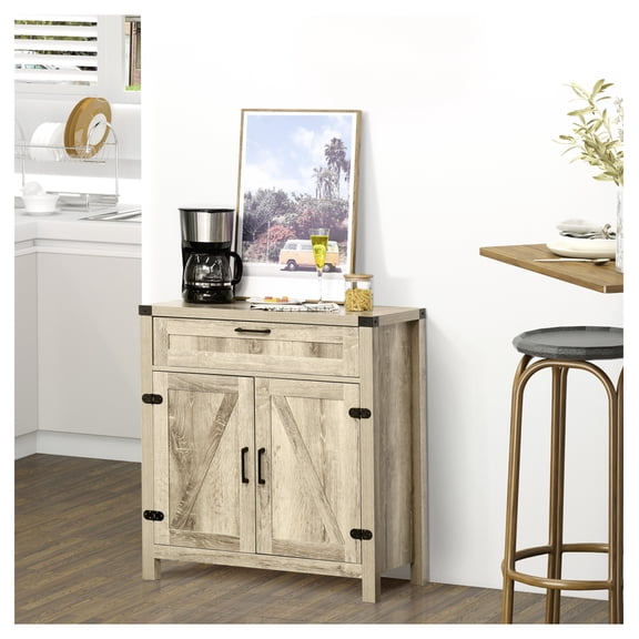 Farmhouse Sideboard with Storage, Buffet Cabinet with Barn Doors, Oak Finish