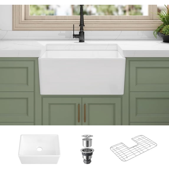 Farmhouse Sink, 24 Inch x 16 Inch White Farm Sink Small Farmhouse Kitchen Sink Apron Sink, 24" Kitchen Sink Single Bowl Prep Bar Sink, Laundry Sink with Bottom Grid and Strainer Drain