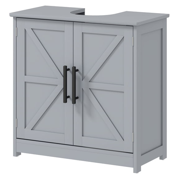 Farmhouse Sink Cabinet - Bathroom Pedestal Sink Base with Barn Doors, Adjustable Shelf - Dark Gray
