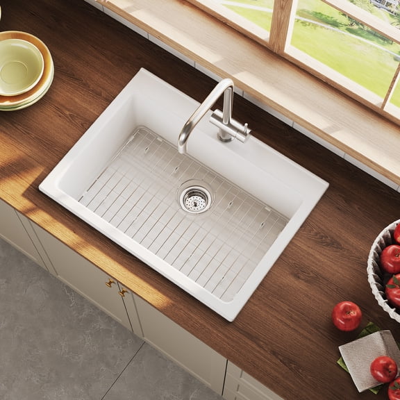 Farmhouse Sink, White Fireclay Ceramic Apron Front Kitchen Sink, Large Single Bowl Basin for Kitchen Laundry Room, Glossy Finish