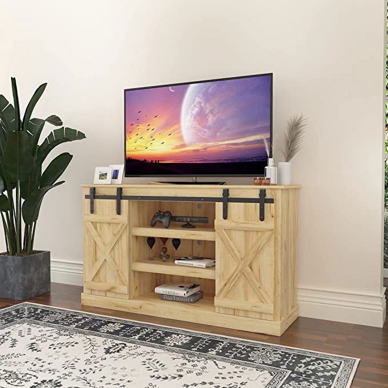 Farmhouse Sliding Barn Door TV Stand for TV up to 65 Inch Flat Screen