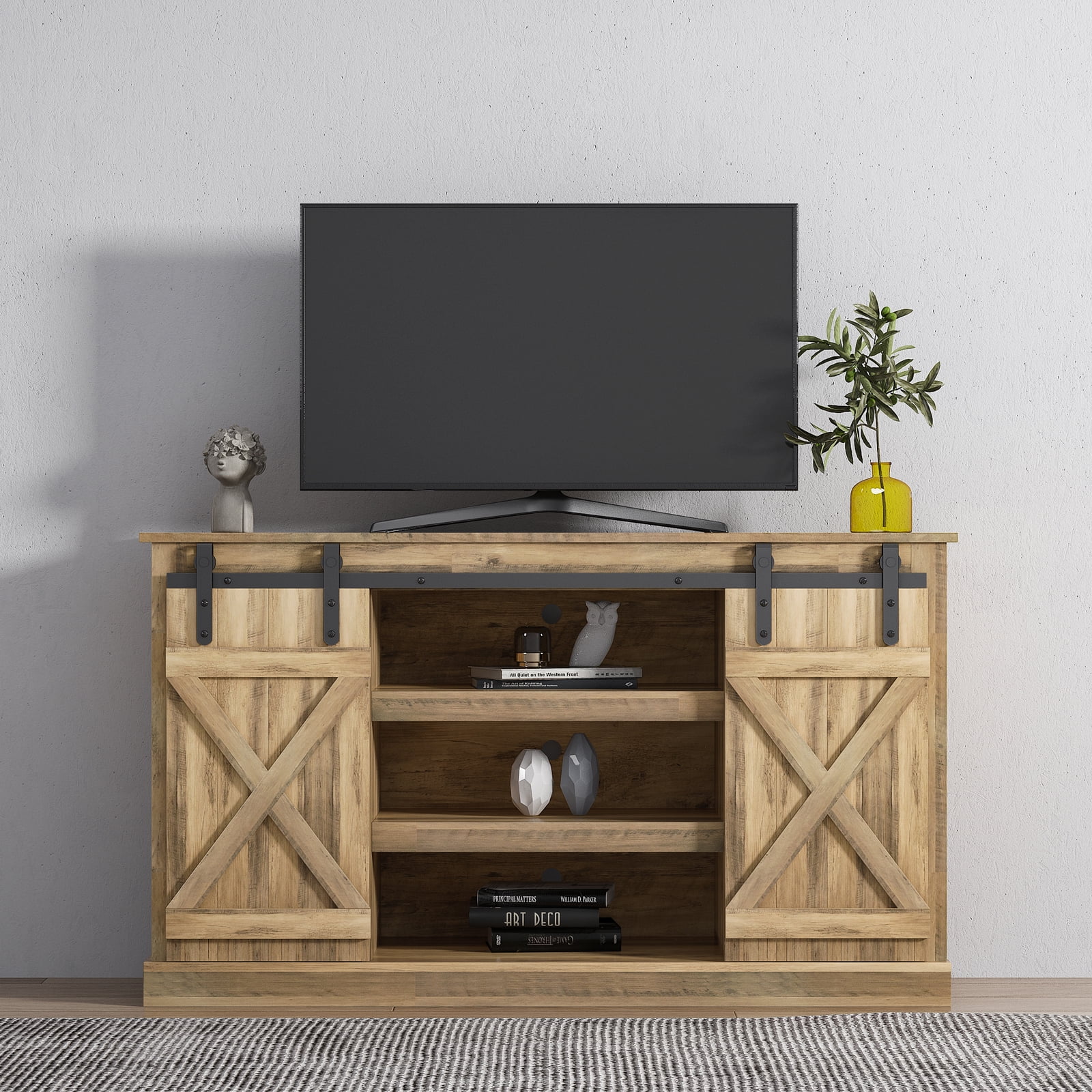 Farmhouse Sliding Barn Door TV Stand for TV up to 65 Inch Flat Screen