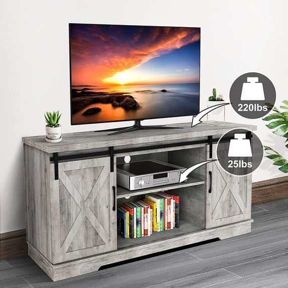 Farmhouse Sliding Barn Door TV Stand, Idealhouse TV Stand for 65" Television, 59" Entertainment Center TV Console, Home Living Room Storage Table with Movable Shelf