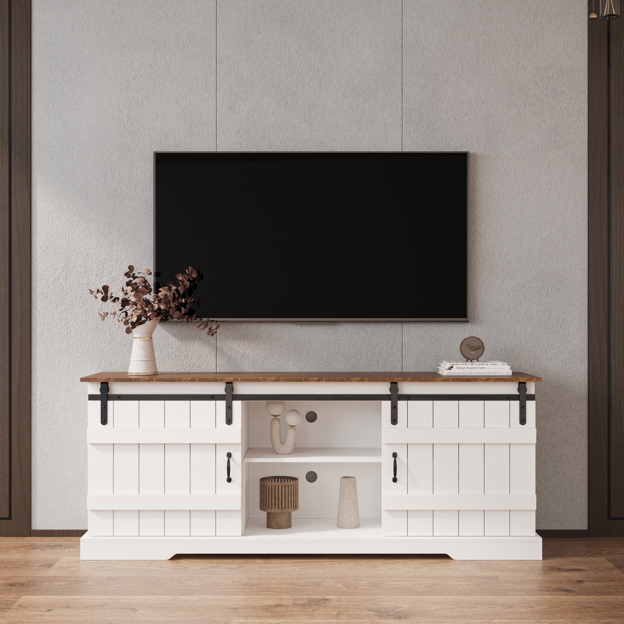 Farmhouse Sliding white Barn Door TV Stand for 80 inch TV Stands，Open ...