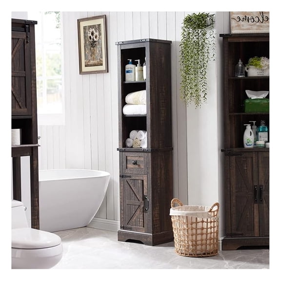 Farmhouse Slim Bathroom Storage Cabinet, 68" Tall with Drawer & Adjustable Shelves, Rustic Narrow Storage Cabinet for Living Room, Bathroom, Kitchen, Dark Rustic Oak