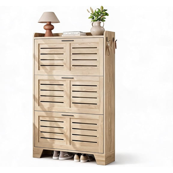 Farmhouse Slim Shoe Storage Cabinet, 3 Adjustable Flip Drawers, Freestanding Hidden Shoe Organizer with 2 Side Hooks, Narrow Wooden Rack for Entryway Hallway Porch,Natural