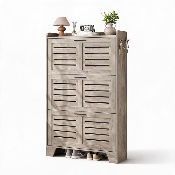 Farmhouse Slim Shoe Storage Cabinet, 3 Adjustable Flip Drawers, Freestanding Hidden Shoe Organizer with 2 Side Hooks, Narrow Wooden Rack for Entryway Hallway Porch,Gray