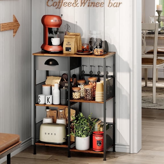 X-COSRACK 5-Tier Farmhouse Coffee Bar Cabinet with Drawer, Rustic Staggered Bakers Rack & Microwave Stand, Freestanding Coffee Station Table for Small Kitchen Spaces, Wood & Metal