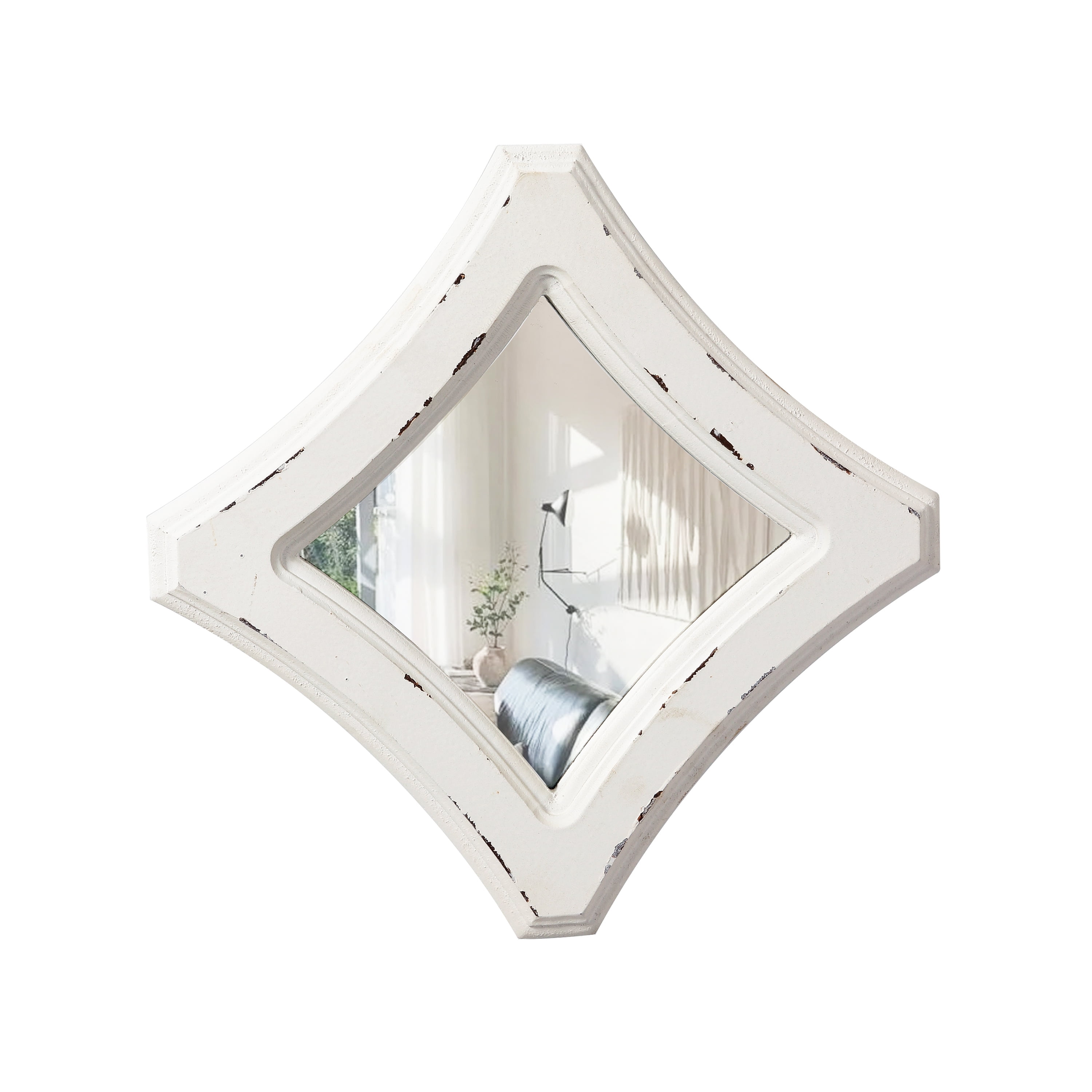 Distressed White Rhombic Wood Frame Wall Mirror