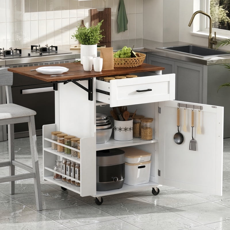 Farmhouse Small Kitchen Rolling Cart with Drop Leaf, Kitchen Island Storage Cabinet with Racks, Hooks, Drawer & Lockable Wheel