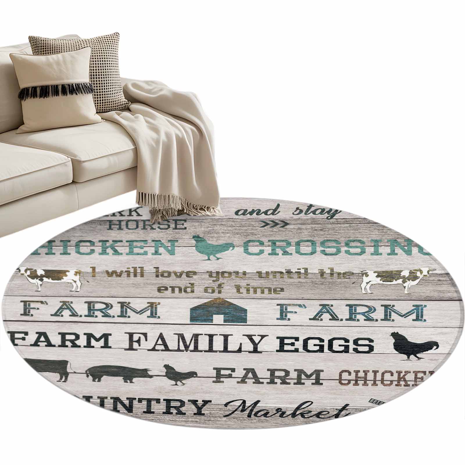 Farmhouse Small Round Rug 3Ft Green Black Barn Cow Pig Chicken Brown ...