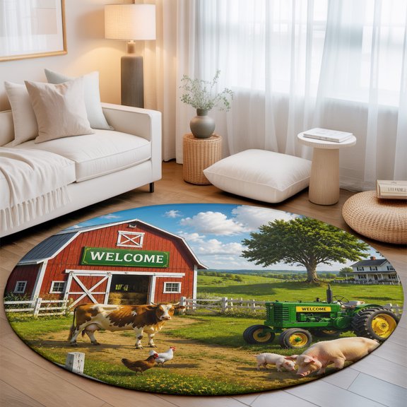 Farmhouse Small Round Rug 3Ft Rustic Red Barn Animal Tractor Cow Rural Fence Area Rugs Washable Non Slip Indoor Floor Mats Circle Carpet for Living Room Bedroom Dining Room Home Decor
