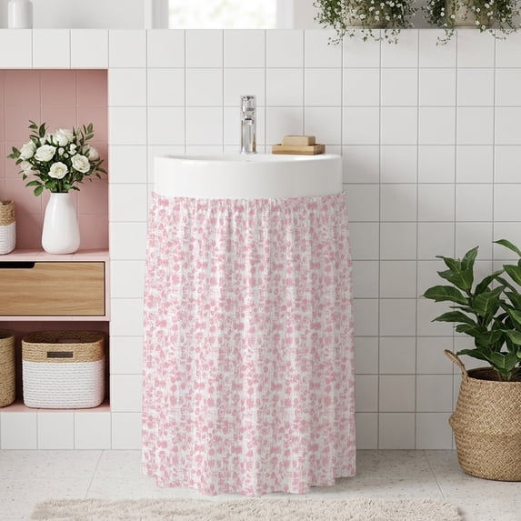 Farmhouse Small Sink Skirt, Bathroom Vanity Cabinet Adhesive Curtain, Rustic Minimalist Floral Pattern Pink Utility Under Sink Cover Decorative Kitchen Cabinet Curtains 10"x11"