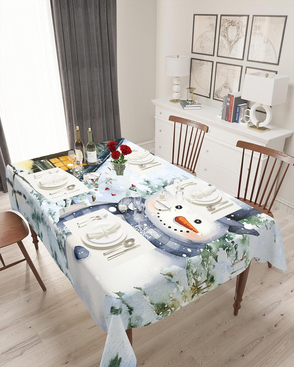 Farmhouse Snowman Tablecloth Waterproof for Round/Rectangle/Oval/Square