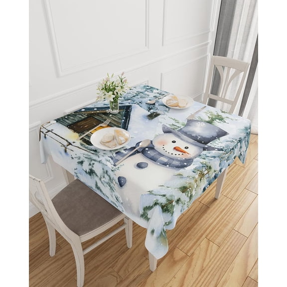 Farmhouse Snowman Tablecloth Waterproof for Round/Rectangle/Oval/Square Tablecloth 54x54 in Table Cloth Cover for Fall Baby Shower Christmas Wedding Party, Christmas Snowy Tree