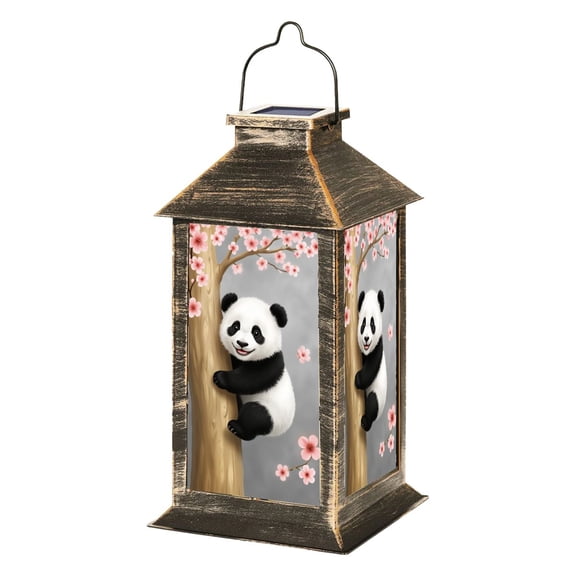 Farmhouse Solar Lantern Cute Panda Climbing Tree Pink Cherry Blossoms Soft Pastel Garden Hanging Lantern Waterproof Solar Powered Lighting Outdoor Lamp for Deck Yard Camping Patio Decor
