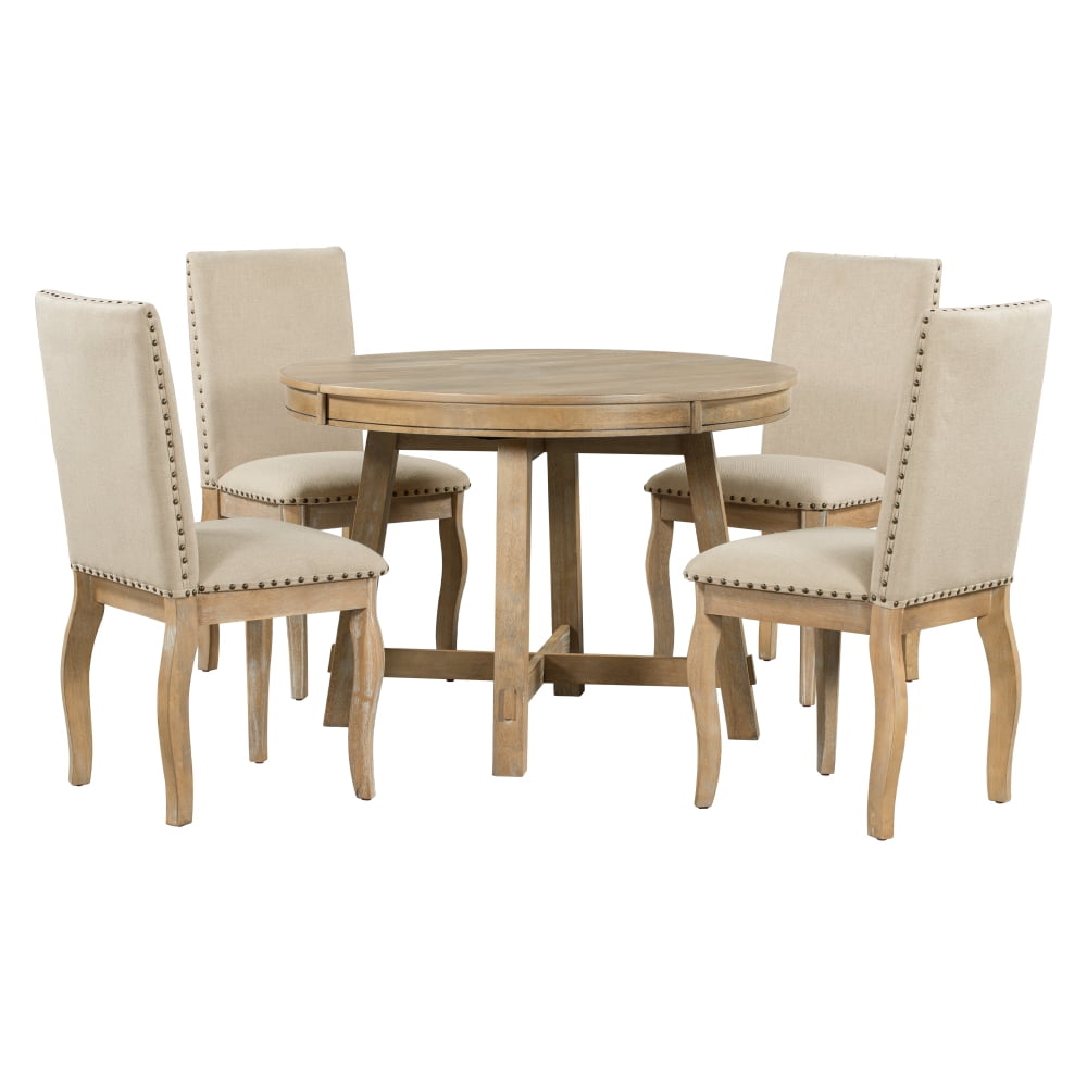 Farmhouse Solid Wood Round Extendable Dining Table with 4 Pcs ...